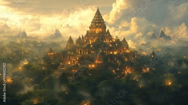Fototapeta Majestic ancient temple illuminated by golden lights at dusk surrounded by lush greenery and misty mountains in an enchanting landscape