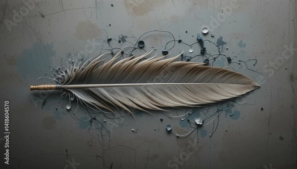 Fototapeta Top view of feather on canvas with paint traces, creative concept