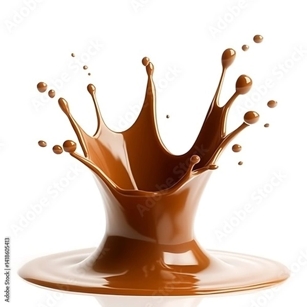 Fototapeta Hot caramel liquid splash action isolated on white background. Liquid movement in dynamic shape. Abstract fluid form. Caramel splash with crown-like shape. Detailed close-up view of tasty, creamy 