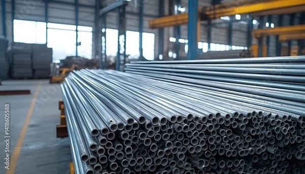 Fototapeta Bundled aluminum rods organized in warehouse await remelting to produce foil, alloys, metal products in metallurgy industry. Ferric raw material supply storage on factory. 