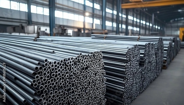 Fototapeta Bundled aluminum rods organized in warehouse await remelting to produce foil, alloys, metal products in metallurgy industry. Ferric raw material supply storage on factory. 