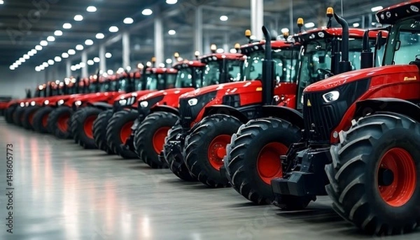 Fototapeta New red tractors lined up in row at factory. Precise lineup agricultural machinery showcasing latest advancements farming tech. Heavy industrial equipment for agribusiness. Tractor exhibition,