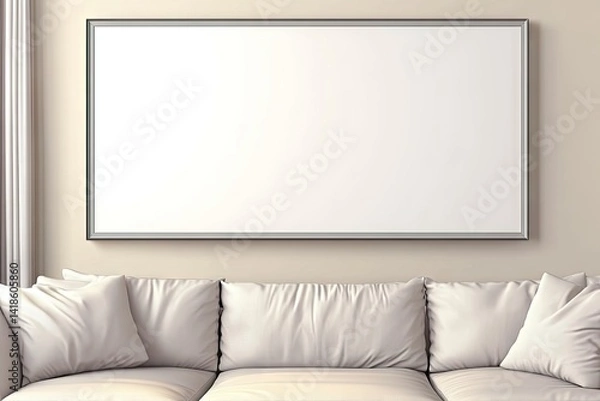 Fototapeta Blank framed art piece on beige wall, cream couch