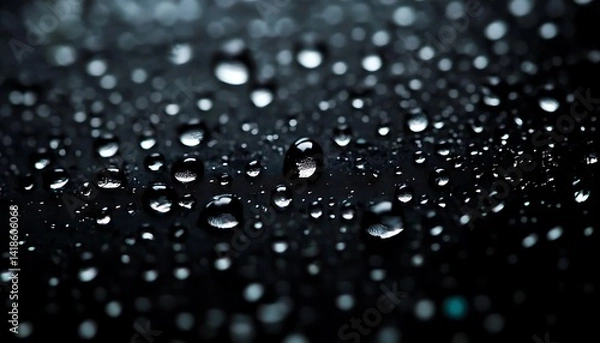Fototapeta Close-up view of water droplets on dark surface. Small water circles reflect light. Abstract pattern of water drops. Detailed macro shot of water droplets on dark background. Perfect for texture, 