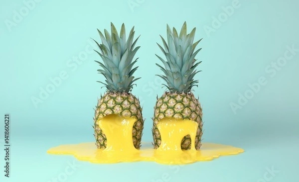 Fototapeta Two pineapples dripping yellow liquid