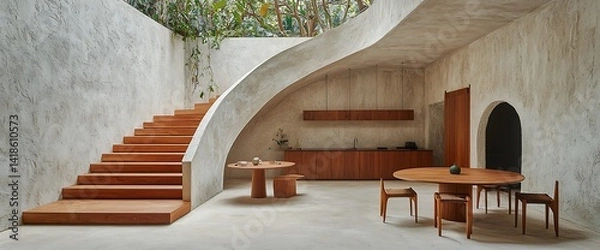 Fototapeta Modern interior with wooden stairs, arched ceiling, kitchen, round tables, and greenery