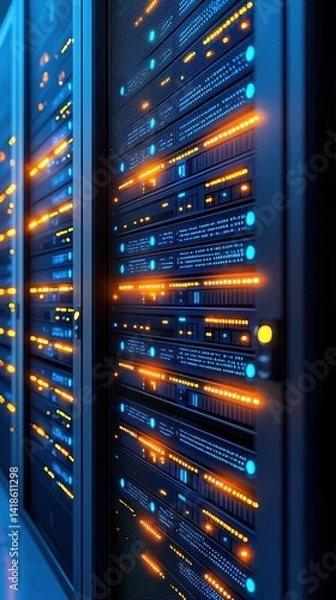 Fototapeta Data center servers with illuminated lights in a modern tech environment.