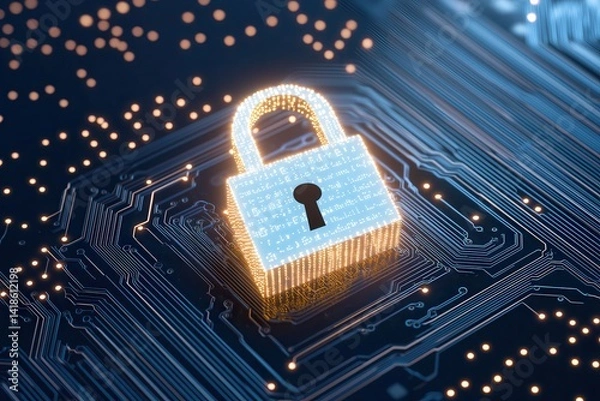 Fototapeta Digital padlock on circuit board background, representing cybersecurity solutions.