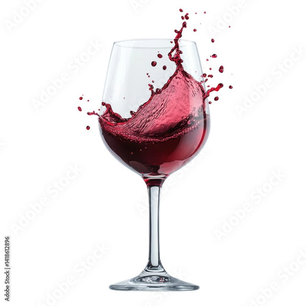 Fototapeta Glass of red wine with splashing liquid captured in motion on dark background isolated on a white background,