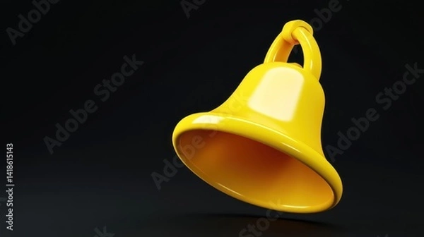Fototapeta Yellow bell, 3D render, black background, notification icon