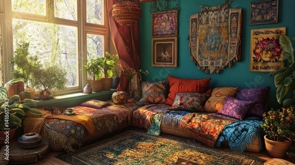 Fototapeta Bohemian haven: a colorful living room filled with diverse patterns and textures