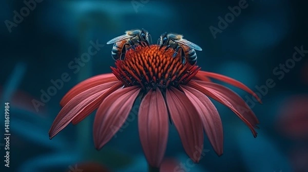 Fototapeta Bees gathering nectar on a vibrant red flower during a tranquil morning in a lush garden