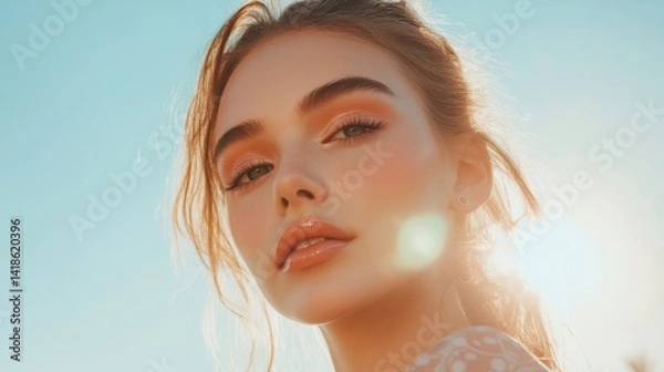 Fototapeta A woman with a light, radiant summer makeup look, featuring a pop of coral blush and soft eyeshadow, against a bright, sunny background.