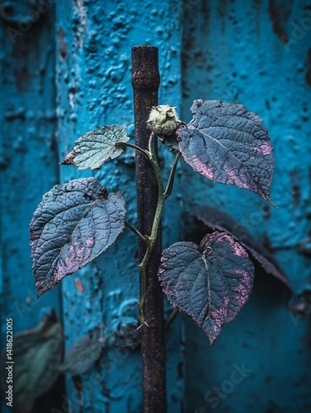 Fototapeta Resilient plant thriving against aged structure, juxtaposing urban decay