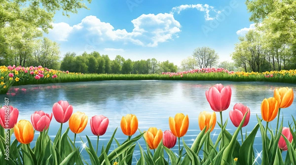 Fototapeta Vibrant tulips blooming by a serene lake under a bright sky  