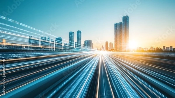 Fototapeta Digital pathways converge on a modern city skyline.