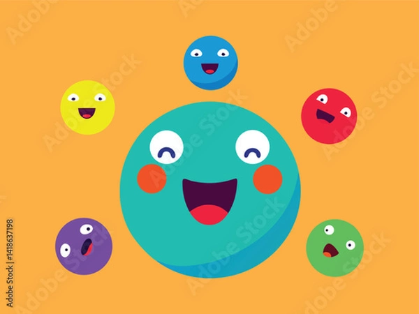 Fototapeta Joyful Circles: a vibrant collection of animated circle characters radiating joy, laughter, and animated glee on a bright backdrop, capturing the essence of happiness and positivity. 