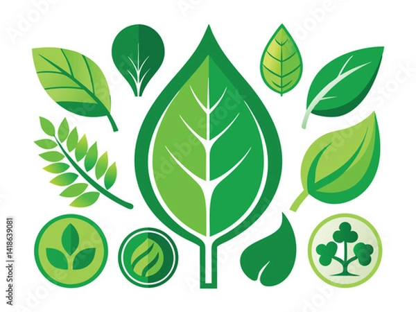Fototapeta Nature's Symbols: A vibrant collection of various green leaf shapes and circular eco-friendly symbols, perfect for nature-themed designs, branding, or environmental awareness campaigns.