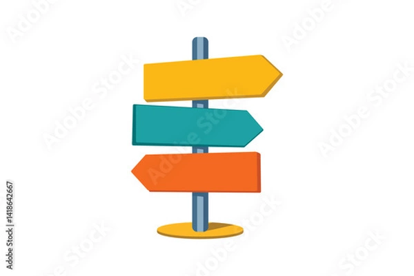Fototapeta Flat vector of a colorful directional signpost with three arrows. Great for travel, decision-making, or navigation concepts. EPS10