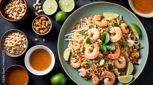 Fototapeta Colorful Thai pad thai served with shrimp, garnished with fresh herbs and lime, includes peanuts, sauce, and sprouts on an elegant black table setting