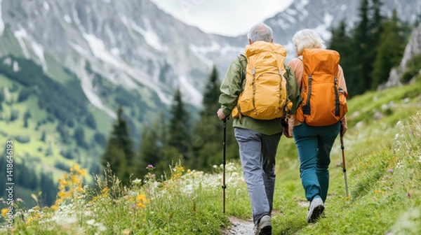 Obraz A couple of older people are walking on a trail in the mountains