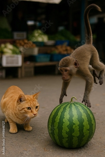 Fototapeta cat and monkey see watermelon