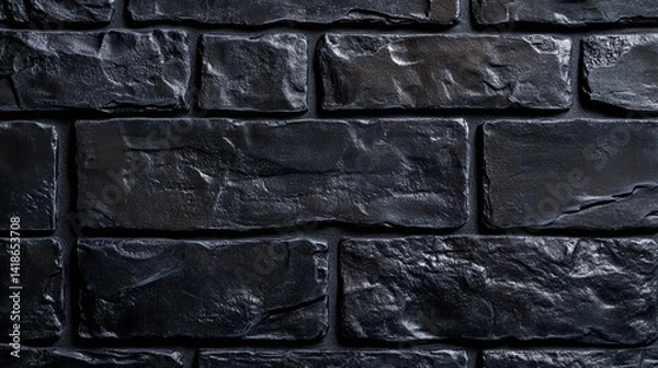 Fototapeta Black brick wall texture with rough surface, dark monochrome pattern. Minimalist and raw urban aesthetic.
