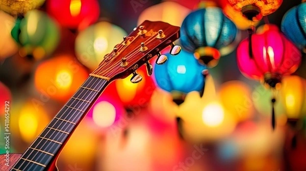 Fototapeta Acoustic guitar in focus with soft lantern glow, evoking warmth and artistic harmony