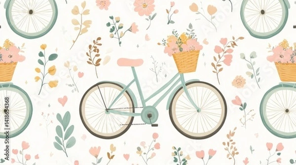 Fototapeta Delicate floral bicycle pattern with pastel colors.