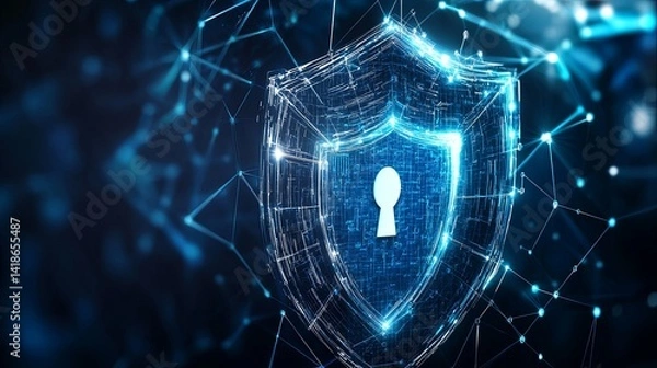 Fototapeta Glowing geometric shapes in blue and silver tones symbolizing futuristic digital security and protection