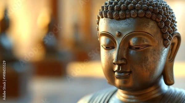 Fototapeta Beautifully Carved Buddha Statue Illuminating Serenity in a Spiritual Space : Generative AI