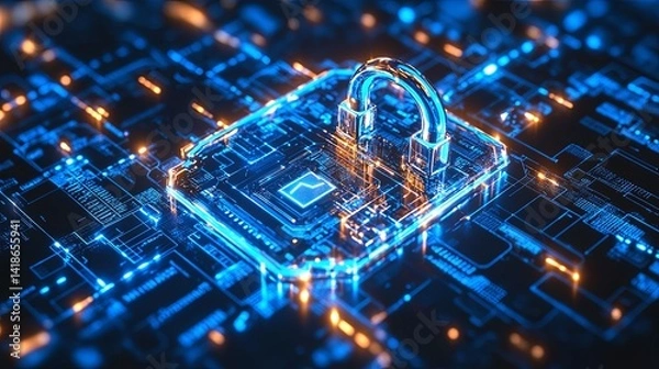 Fototapeta Glowing geometric shapes in blue and silver tones symbolizing futuristic digital security and protection