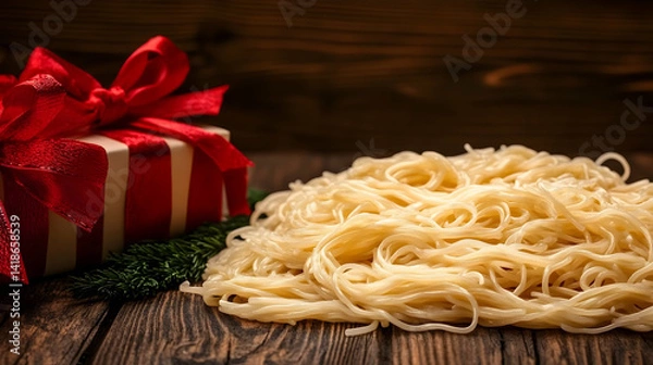 Obraz A white New Year tree made of long, thin noodles with red bows on it, standing in front of an empty wall. It has many small green leaves hanging from the top,