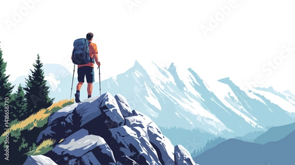 Fototapeta This digitally-painted illustration showcases a male figure, viewed from behind, standing atop a rocky outcrop. He is equipped with a backpack and trekking poles, gazing out at a breathtaking vista