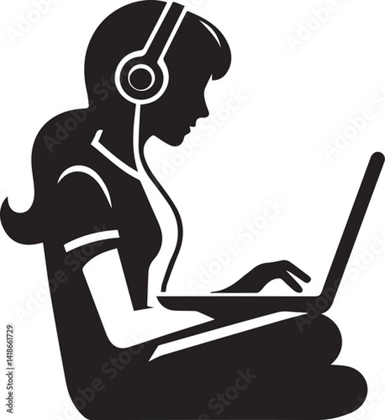Fototapeta Girl working on laptop at the table with hearts Vector illustration
