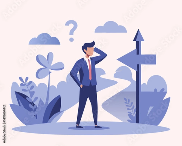 Fototapeta Business crossroads, finding solution or direction for success, confusion or what next challenge, opportunity choice or alternative concept, confused businessman at the crossroads thinking way to go