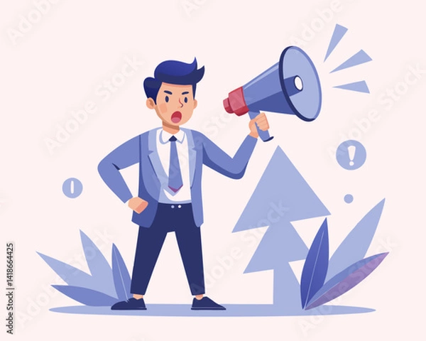 Fototapeta Warning message, shouting alert or danger warning, important message on loud speaker, emergency attention, safety or urgency scream concept, businessman shouting on megaphone with exclamation point

