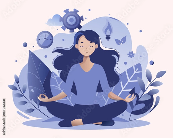 Fototapeta Stress management, meditation or relaxation to reduce anxiety, control emotion during problem solving or frustration work concept, woman in lotus meditation on chaos mess line with positive energy

