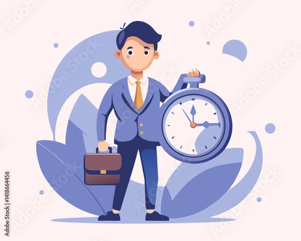 Obraz Punctuality, being on time for appointment or schedule, finish work within deadline or timing, meeting reminder or time management concept, punctual businessman holding clock with precise timing