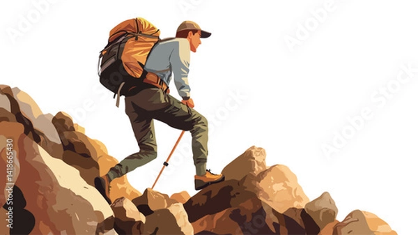 Fototapeta A stylized illustration depicts a male hiker ascending a rocky mountain path.  The illustration employs a painterly, almost watercolor-like style with visible brushstrokes