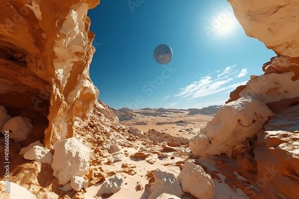 Fototapeta An extraterrestrial landscape with a hovering sphere and a rocky foreground. Bright sunlight illuminates the scene of a desert environment. Beige and blue colors create a surreal atmosphere