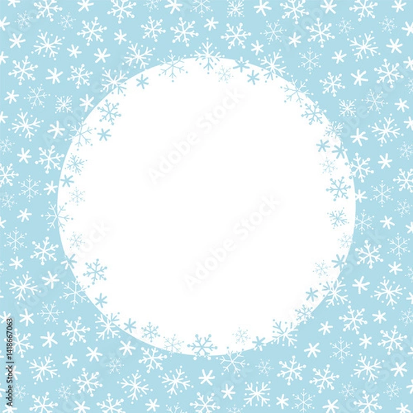 Obraz Snowflake Round Frame. Beautiful Winter Holiday Background. Christmas Greeting Card Template. Invitation. Free Space for Your Text. Vector Illustration in Light Blue, White.