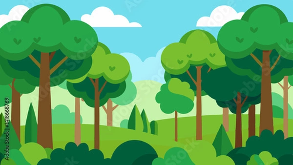 Obraz Cartoon Forest with Green Trees and Bushes Design