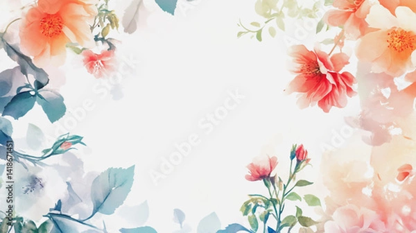 Fototapeta Elegant wedding invitation card background . Minimal hand painted watercolor botanical flowers texture template background. Design for wedding, vip cover, poster, rsvp moderncard.Valentine's Day
