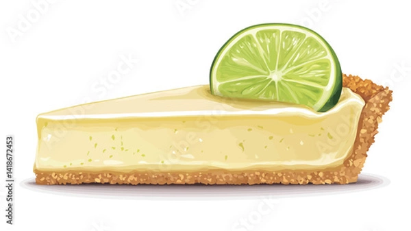 Fototapeta A high-resolution close-up shot showcases a single slice of key lime pie against a stark white background. The pie features a smooth, pale yellow filling