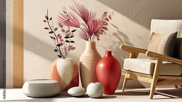 Fototapeta bedroom with graphic elements A modern living space showcasing stylish vases filled with vibrant flowers, creating a warm and inviting atmosphere.