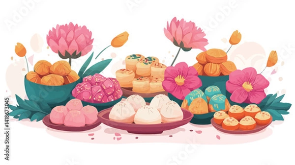 Fototapeta A vibrant digital illustration showcases an array of Asian sweets and pastries artfully arranged in teal and maroon bowls and plates.  The composition features a dynamic flat lay perspective with