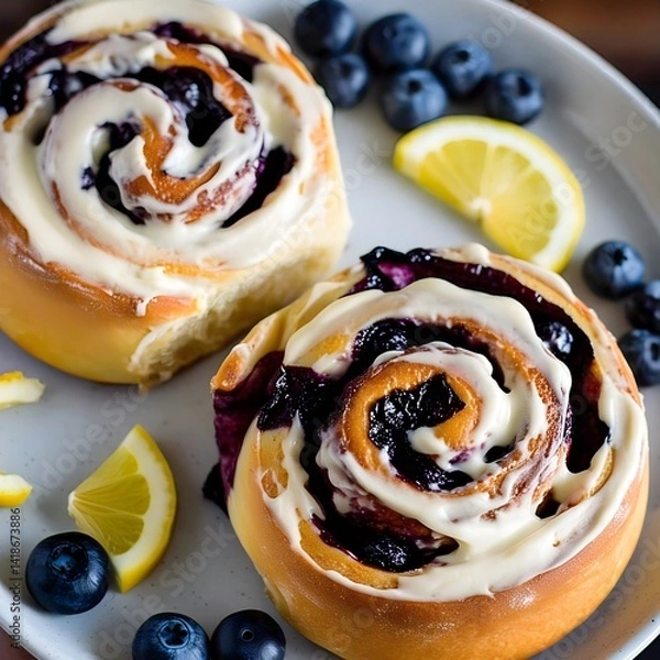 Obraz freshly baked blueberry cinnamon rolls on a plate, filled with juicy roasted blueberries and a visible cinnamon filling and moist pastry texture