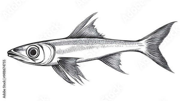 Fototapeta A detailed monochrome illustration of a fish rendered in pencil or similar medium.  The image showcases the fish's anatomical features with precision, including individually rendered scales