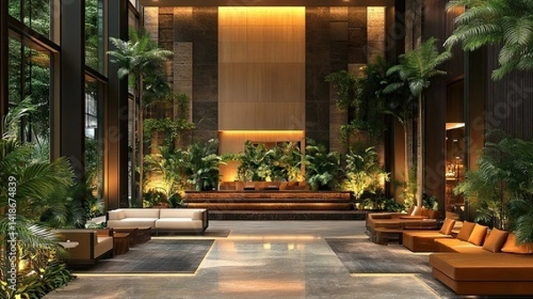 Obraz Luxurious hotel lobby with green plants, warm lighting, and modern design, conveying tranquility and comfort. 